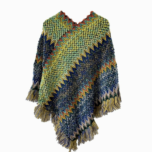 Poncho Coloré Imprimé National pour Femmes avec Franges Châle Tricoté Foulard Frangée Chandail Cape Cadeaux pour Femmes Chandail Ourlet à Franges Cape Châle