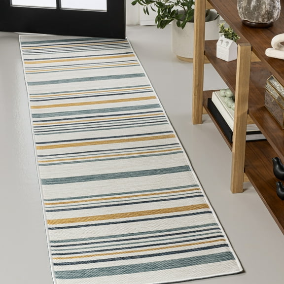 JONATHAN Y SAVANNAH 2 x 8 Runner Rug, Janus Coastal Stripe Machine-Washable Reversible - Cream/Navy, SVH104A-28