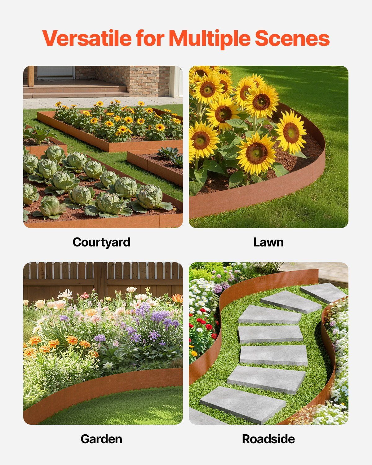 Steel Landscape Edging 6 Packs 40 x 8 Inch Weather Resistant Pre Rust Metal Bendable Garden Border Shark Spike Lawn Edging for Flower Bed Yard Pathway Divider