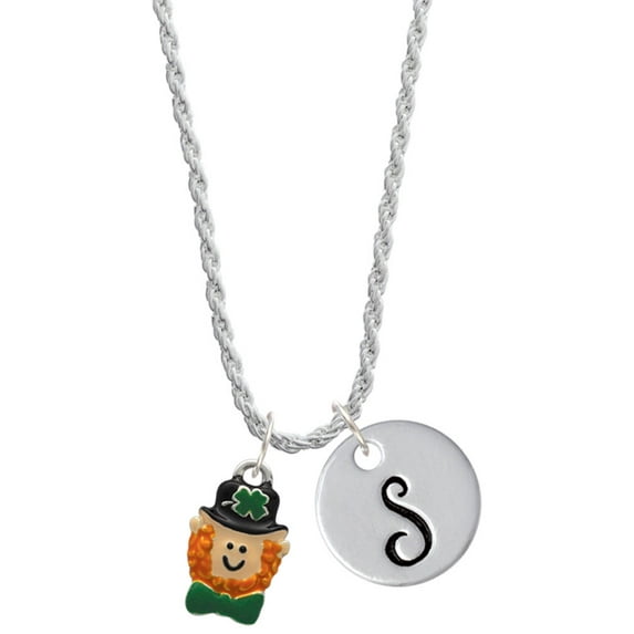 Delight Jewelry Silvertone Small Leprechaun with Bow Tie Silvertone Script Initial Disc - S - Charm Necklace, 20"+3"