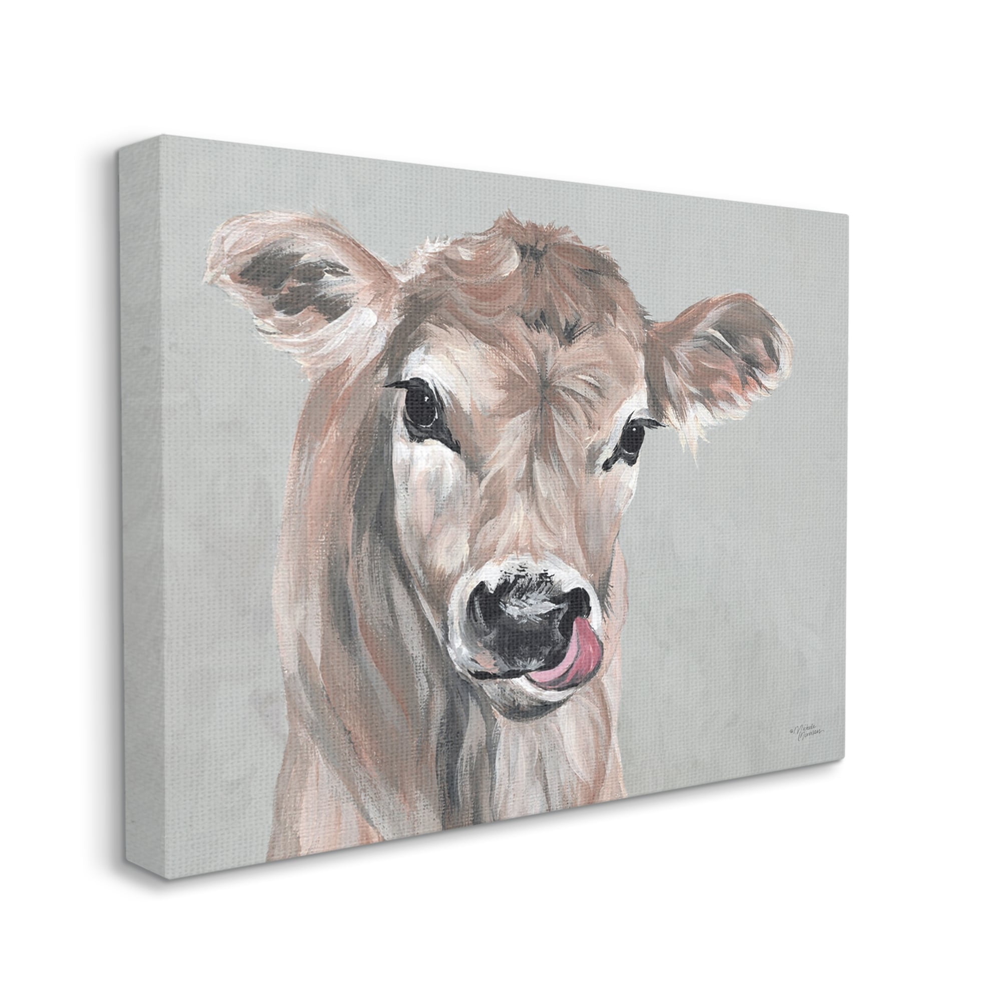 Stupell Industries Cute Baby Farm Cow Calf Licking Lips Portrait Paintings Gallery-Wrapped Canvas Print Wall Art, 30x24, by Michele Norman