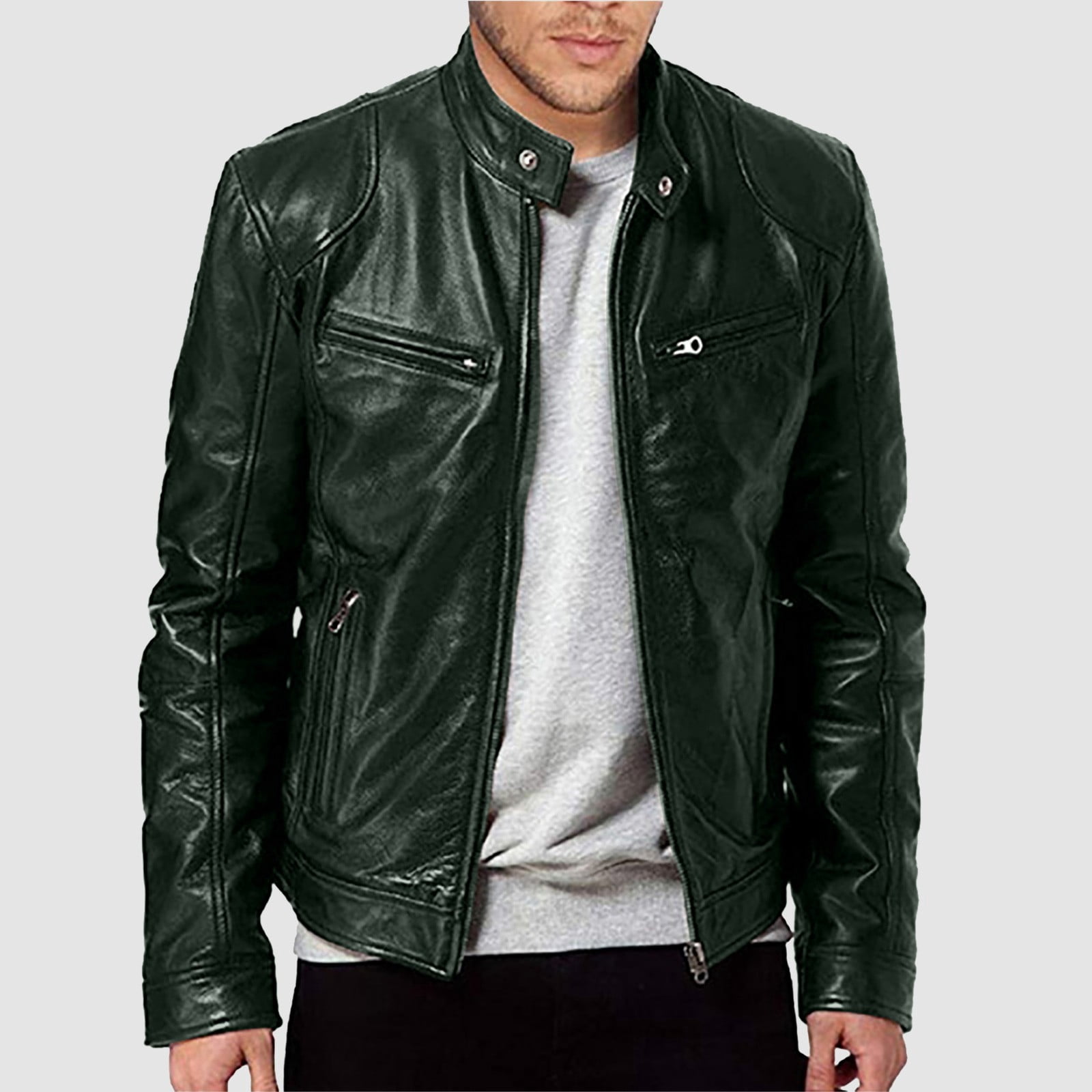 NOLDARES Men's Leather Jacket Casual Leather Motorcycle Jacket Lightweight Zip-Up Biker Coat Windbreaker(Green,S)