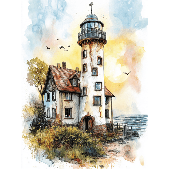 Coastal Lighthouse Watercolor Painting/Canvas Print,Suitable for Living Room,Bedroom,Bathroom,Office,Hallway Decoration.