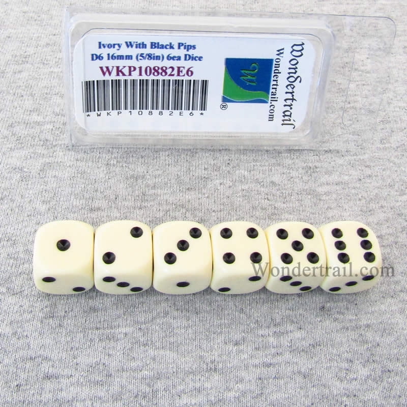16mm OPAQUE IVORY WITH BLACK PIPS DICE SALE! ONE DOZEN! 