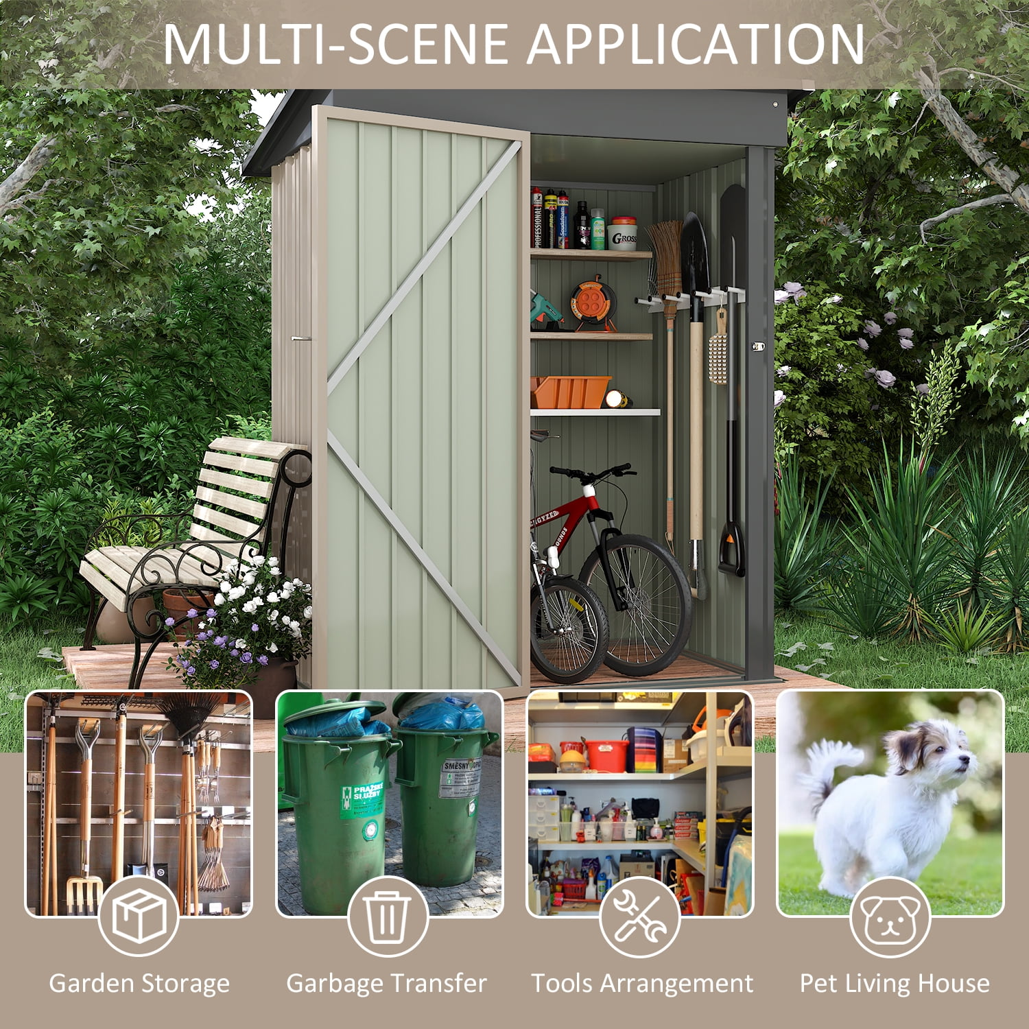 LACOO 3 x 5 ft. Patio Steel Storage Lockable Shed for Backyard, Mental Outdoor Storage Shed for Garden with Groove Roof, Brown