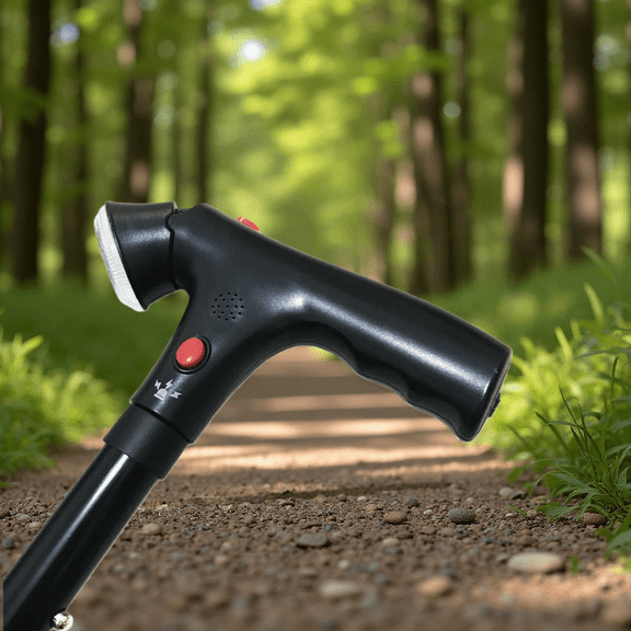 Camping Hiking Walking Stick – 5-Level Adjustable, 4-Foot Anti-Skid Base, LED Light & Alarm for Outdoor Trips