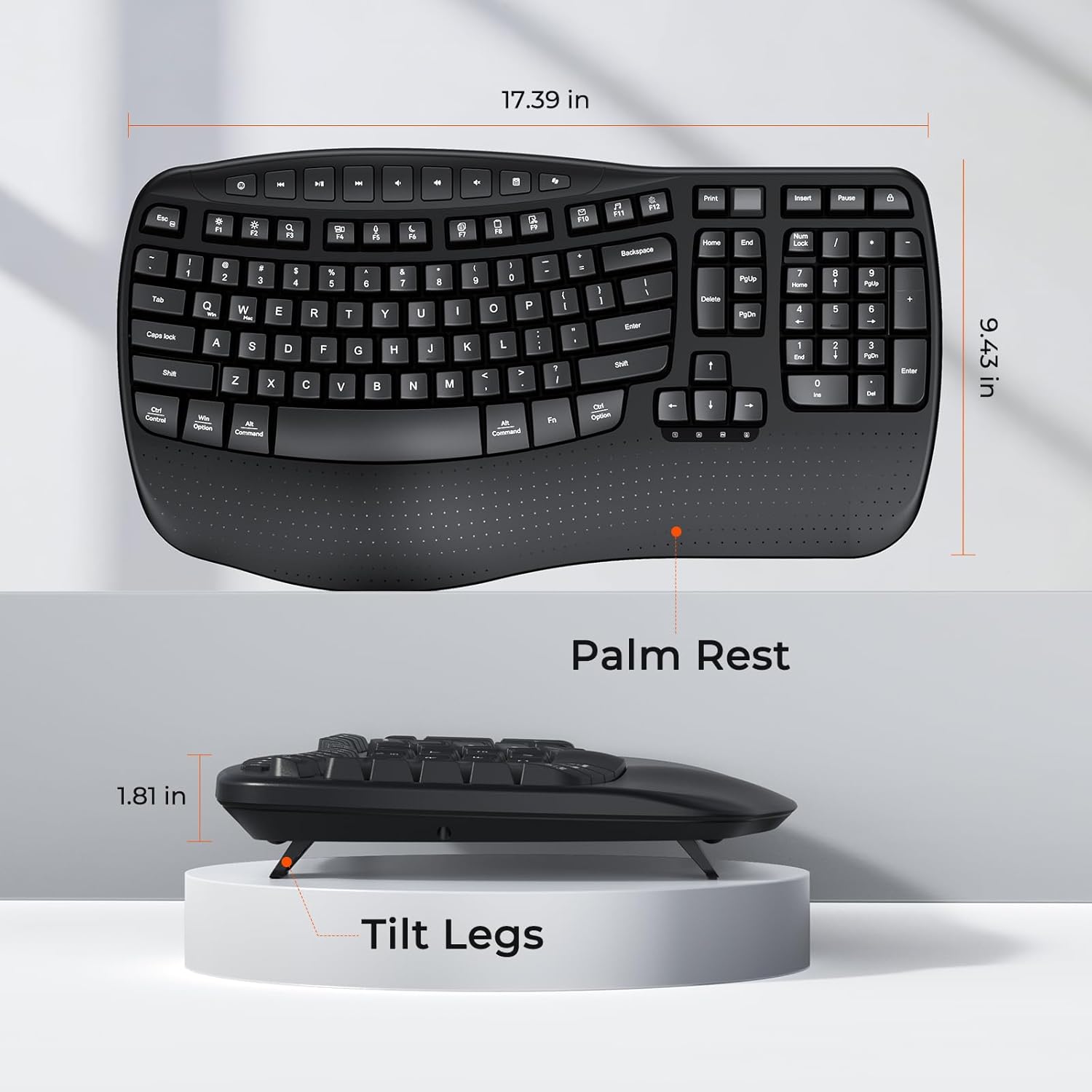 Meetion Wave Keys Ergonomic Keyboard, Wireless, Wrist Rest, 2.4G/USB-C for Windows/Mac - Black