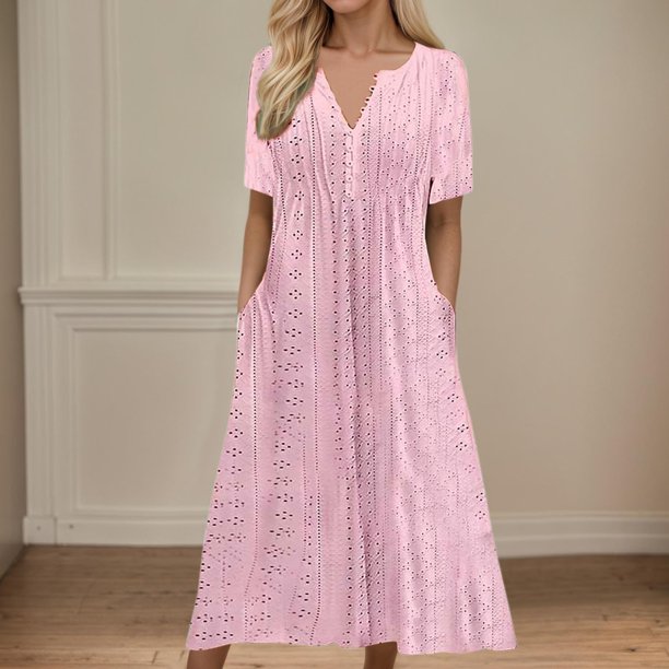 WILLBEST Vestidos De Verano Para Mujer Vestido Largo De Verano Vestido De Mujer Manga Corta Playa Cuello En V Con Botones Vestido Casual Con Bolsillos Vestidos Bohemios Vestidos Largos Elegantes
