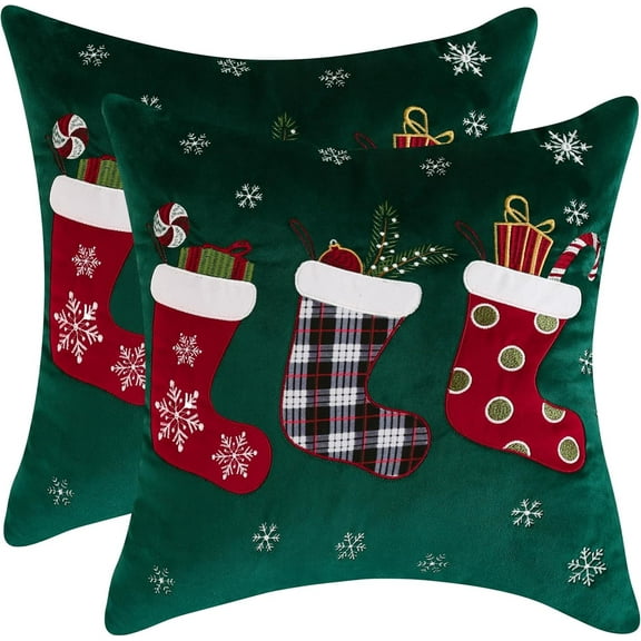 Christmas Green Embroidery Throw Pillow Cover 18 x 18 Inch Set of 2 Christmas Stocking with Snowflake Embroidery Pillowcases Christmas Party Decor Winter Holiday Soft Velvet Cushion Cases