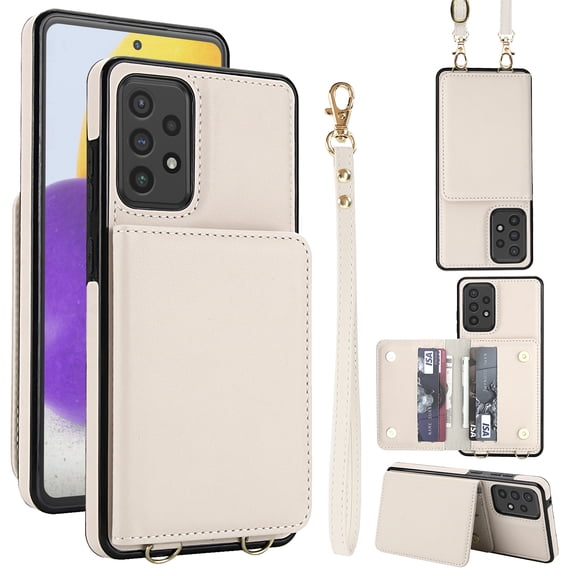 For Samsung Galaxy A52 5G Phone Case Wallet Card Holder,RFID Blocking PU Leather Back Magnetic Flip Kickstand Folio Case Wrist Lanyard & Crossbody Strap Protective Women Girls Cover,White