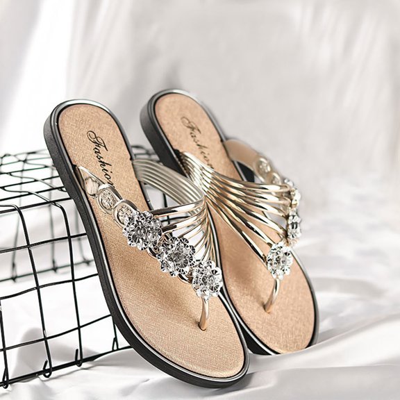 RKSTN Slippers for Women 3D Rhinestone Flower Flats Thong Sandals for Women Slip on Open Toes Summer Indoor Outdoor Comfy Casual Slides (Gold ,5.5)