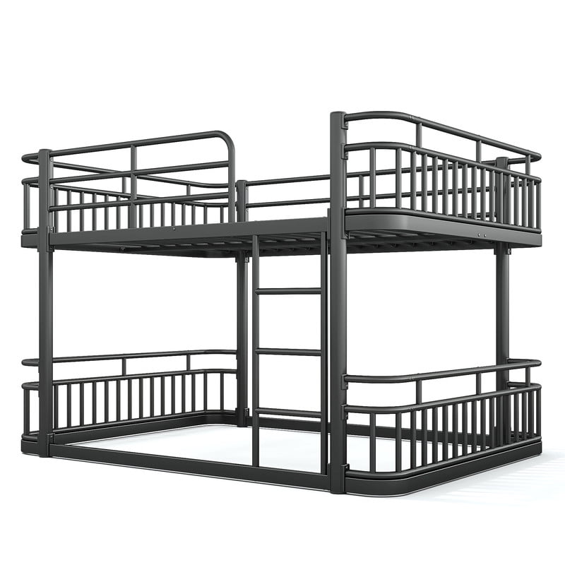 Queen over Queen Bunk Bed with Built-in Ladder & Safe Guardrails, Curved-Edge Sleek Metal Bed Frame with No Slat Floor Bed