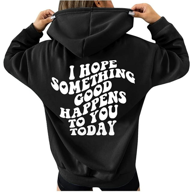 aohooy Womens Letter Graphic Print Hoodie Back Pattern Long Sleeve Drawstring Pullover Hoodie Sweatshirt Tops with Pocket Black,S