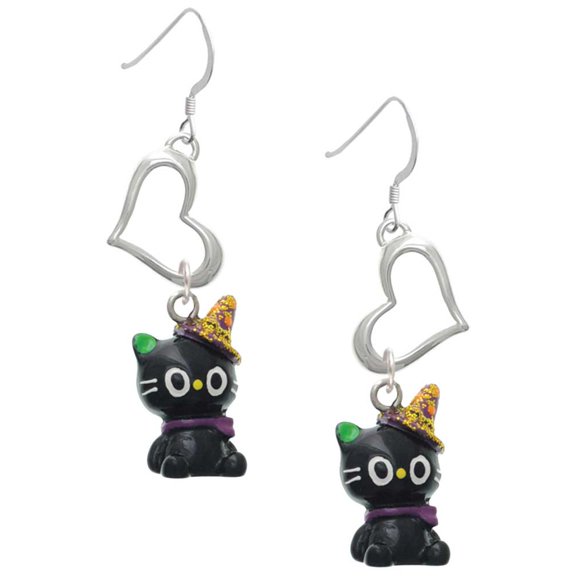 Delight Jewelry Resin Black Kitty Cat with Witch Hat Open Heart French Earrings