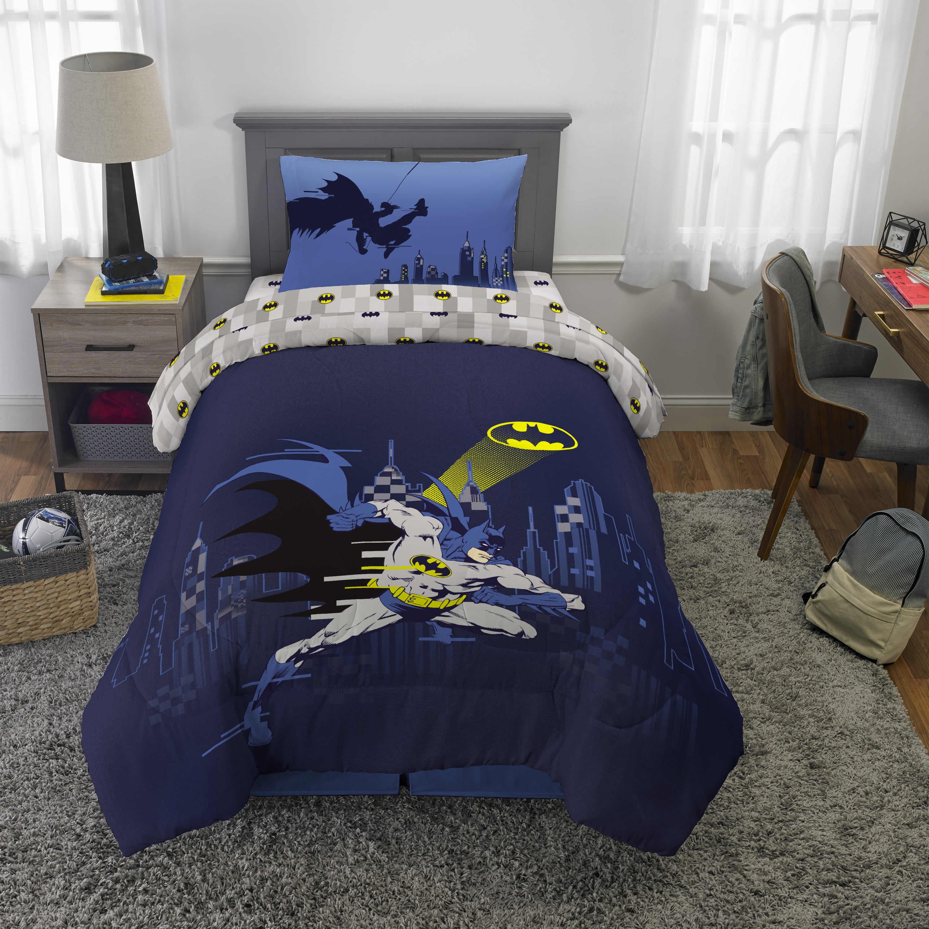 Batman Kids Blue Gray 4 Piece Reversible Comforter, Bed in a Bag, Twin