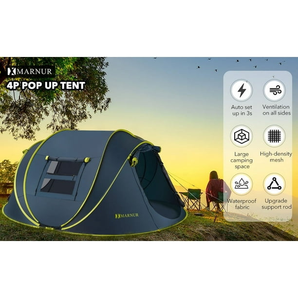 Tente De Camping 4 Places One-Touch - Dôme, Légère, Imperméable, 5 Fenêtres