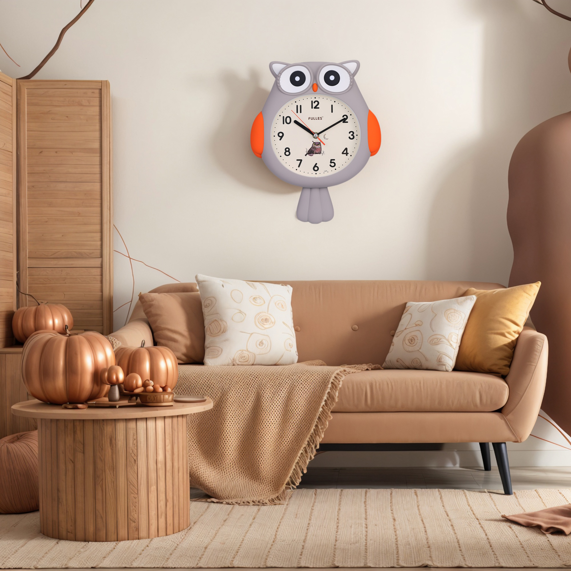 Unique Bargains 1pc Lovely Owl Silent Non Ticking Wall Clock 15" x 15" x 2.8" Beige