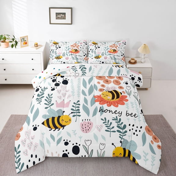 Kawaii Bee Bedding Set,Cartoon Bee Comforter Set Twin,Cute Love Heart Leaf Flower Comforter Set ,Paw Print Animals Quilt Duvet Insert with 1 Pillow Case