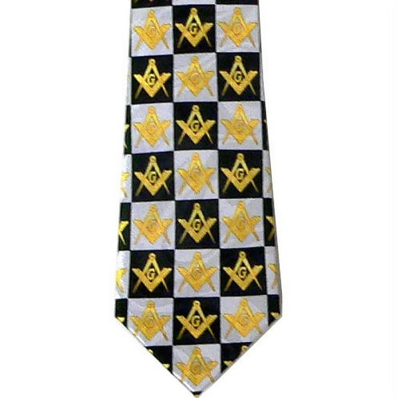 Masonic Neck Tie - Black and White Polyester long tie with Checkerboard design