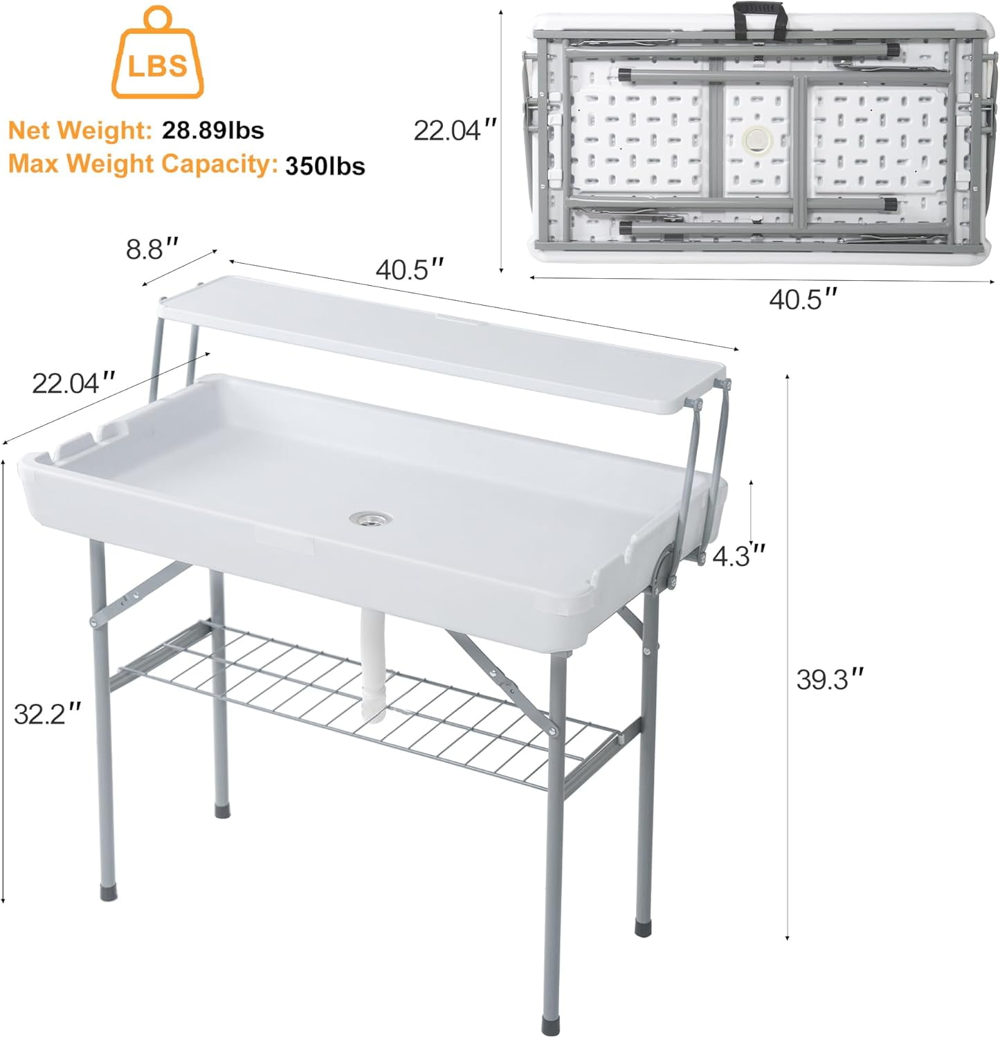 2 Tiers Outdoor Folding Ice Cooler Table with Matching Skirt, Portable Party Table with Grid Rack & Drain Hose for Patio Picnic Camping Wedding, White