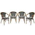 thumbnail image 2 of Emma + Oliver Set of Four Indoor/Outdoor Stacking Thonet Bistro Style Chairs with Arms, Black & White PE Rattan Seat and Nat Bamboo Finished Metal Frame, 2 of 15