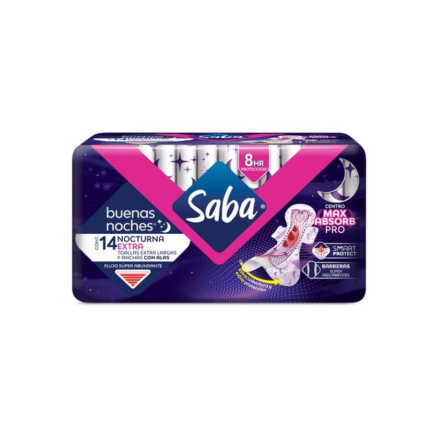 Toallas femeninas Saba Buenas Noches extra nocturna ancha con alas flujo súper abundante 14 pzas