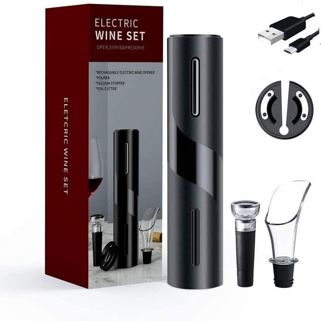 Dsseng Electric Opener Rechargeable Automatic Corkscrew Cordless Bottle Opener Set with Foil Cutter Vacuum Stopper and Aerator Pourer Ideal Gift Sets