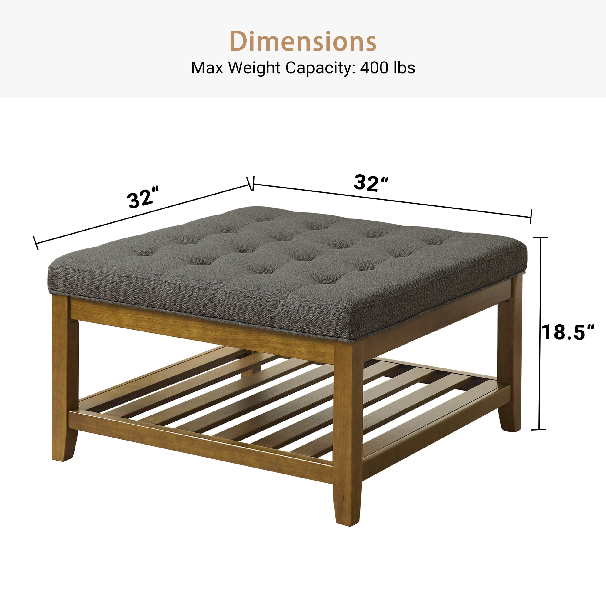 Square Upholstered Ottoman Coffee Table with Storage Shelf, Linen Fabric, Tufted Top, 31.9"x31.9", Granite