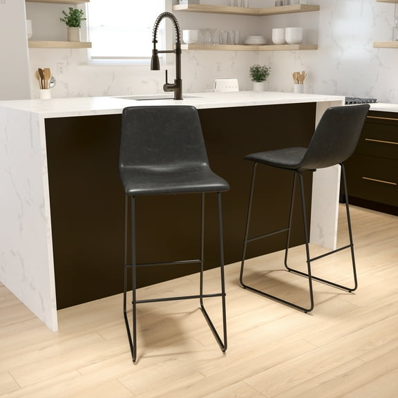 BizChair 30 Inch Commercial Grade LeatherSoft Bar Height Barstools in Gray, Set of 2