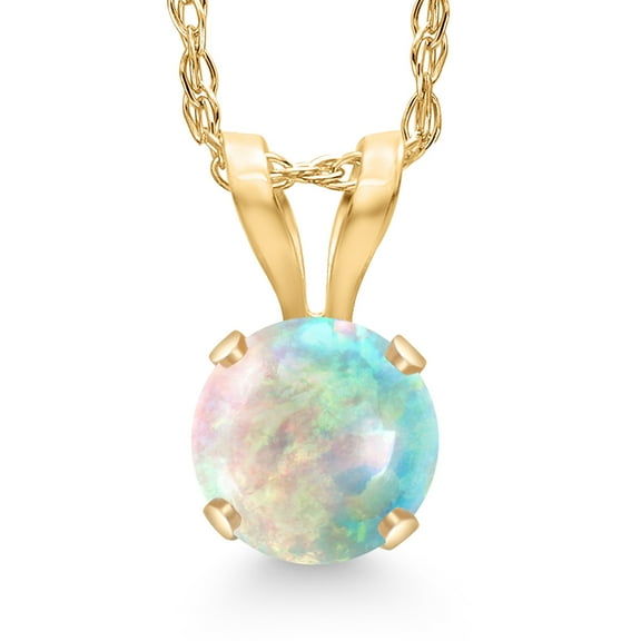 Gem Stone King 0.50 Ct Round Cabochon White Simulated Opal 14K Yellow Gold Pendant with Chain