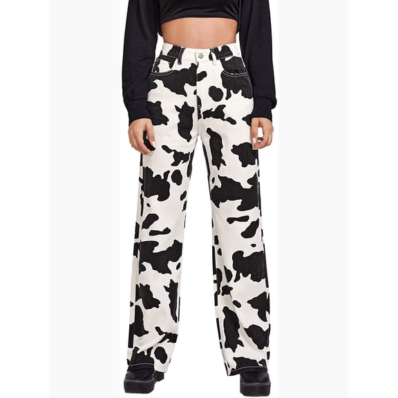 Sunloudy, pantalones vaqueros coreanos de pierna ancha para mujer, pantalones vaqueros de cintura alta con estampado de patrón de vaca a la moda con bolsillo Sunloudy XS S M L