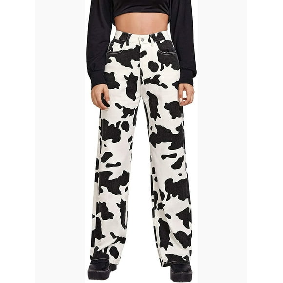 Sunloudy, pantalones vaqueros coreanos de pierna ancha para mujer, pantalones vaqueros de cintura alta con estampado de patrón de vaca a la moda con bolsillo Sunloudy  XS S M L