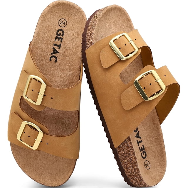 GETAC CHANCLAS MUJER, SANDALIAS HOMBRE con Plantilla de corcho Suela Antiderrapante EVA PANTUNFLAS Unisex, Broche hebilla con Correas ajustables Cómodas estilo casuales playa.,Café