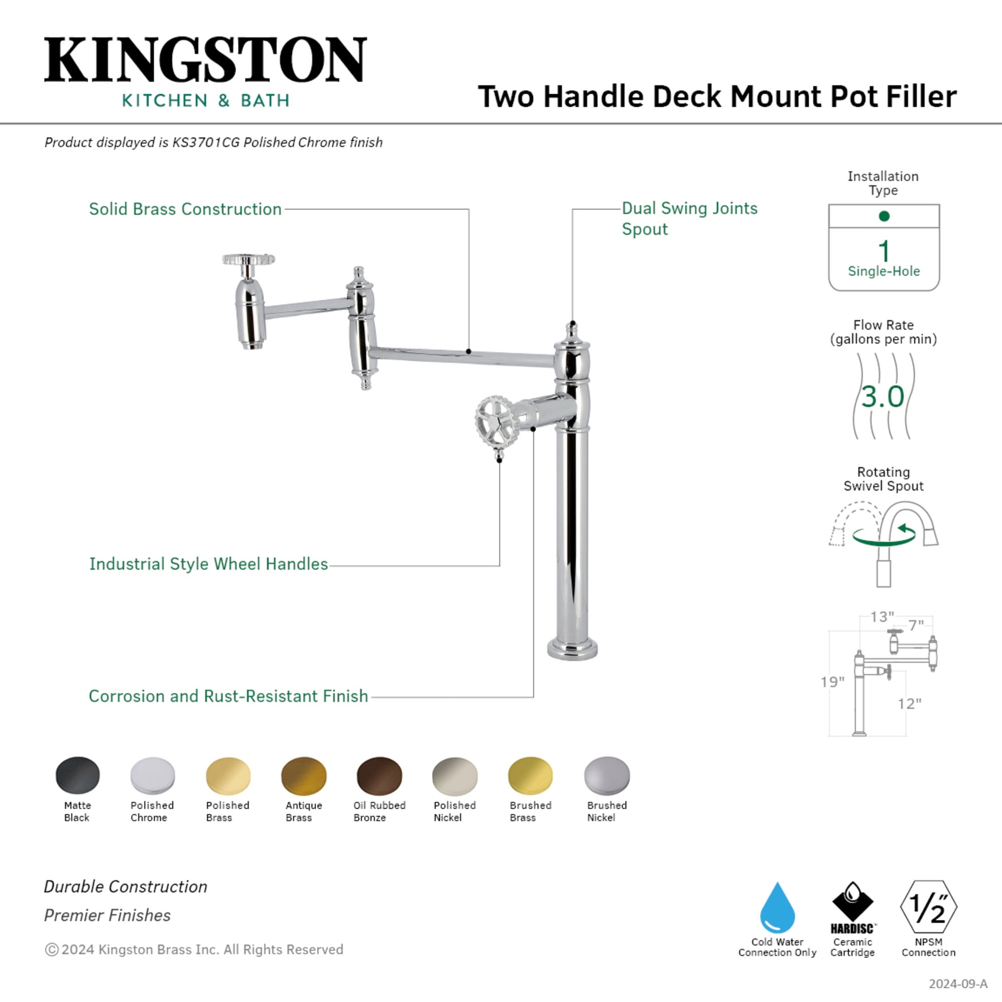 Kingston Brass KS3703CG Fuller Deck Mount Pot Filler Faucet, Antique Brass