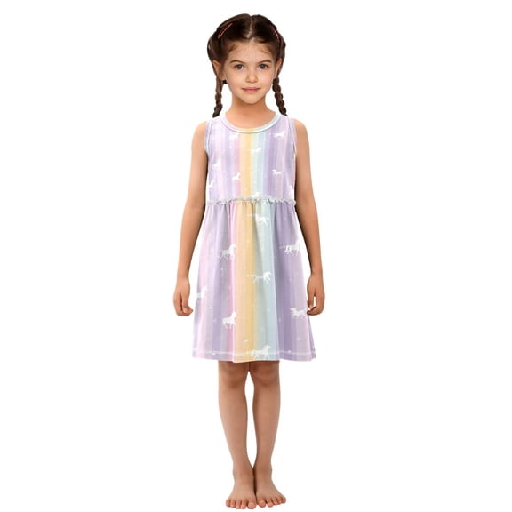 Girls' Summer Sleeveless Dress Soft Cotton A-Line Dress Unicorns and Rainbow Stripes 4T