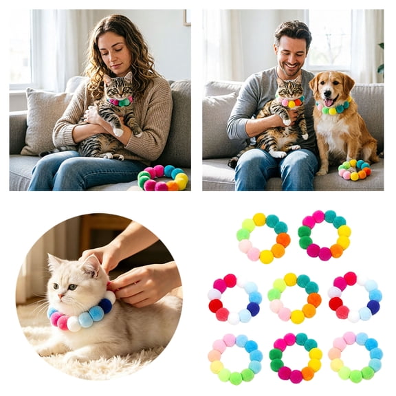 8Pcs Rainbow Pom Pom Dog Collar, Soft Elastic Pet Necklace With Plush Balls, Cute Neckwear For Small Dogs And Cats, Photo Props Party Decor
