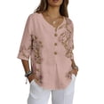 thumbnail image 7 of Daiosportswear Linen Shirts for Women Loose Fit Notched V Neck 3/4 Sleeve Summer Tops Dressy Button Flower Print Work Blouse,Womens Tops Multicolor-Q XL(XL), 7 of 7