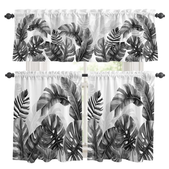 Leaf Kitchen Curtains and Valances Set, Watercolor Summer Tropical Black White Leaves 3 Piece Curtains Valances and Tiers Set Rod Pocket for Kitchen Bathroom Windows 36 Inch