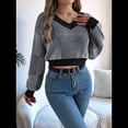 thumbnail image 4 of Suéter Corto de Mujer con Cuello en V y Larga, Jersey de Punto Negro L, 4 of 10