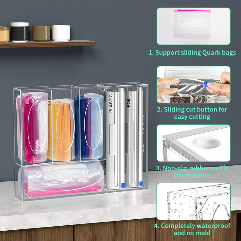 6 in 1 Ziplock Bag & Plastic Wrap Storage Organizer, Acrylic Food Freezer  Baggie Tin Foil Dispenser Holder With Cutter, Compatible With Cling Wrap,  Wax, Foil, Gallon, Quart, Sandwich, Snack 