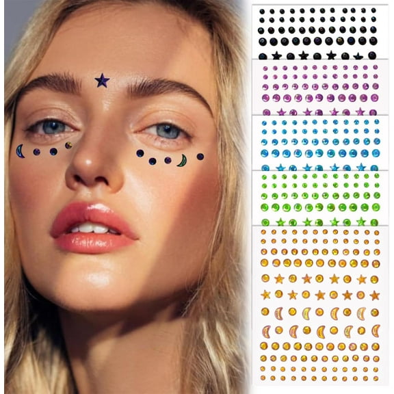 Pack of 5 Colourful Glitter Stones Face, Self-Adhesive Rhinestones for Eyes, Face, Moon and Star Rhinestone Stickers for Festival, Party, Temporary Tattoos