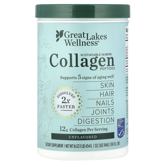 Great Lakes Wellness Sustainable Marine Collagen Peptides, Unflavored, 16 oz (454 g)