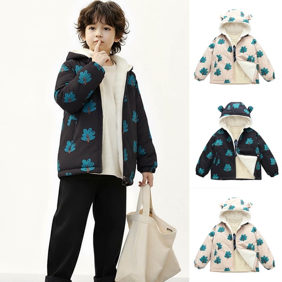 Abtuhar Boys and Girls Fall Winter Hooded Casual Outerwear and Jackets Thick Fleece‑lined Wind‑proof Padded Coat
