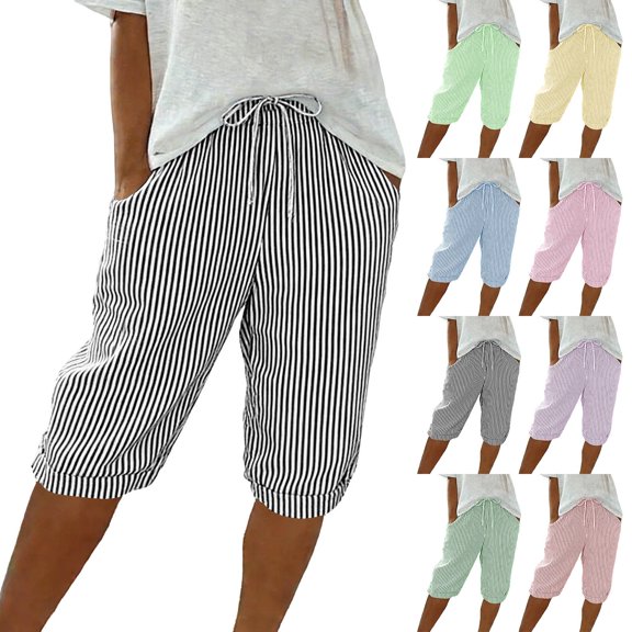Endives Womens Linen Pants Striped Print Elastic High Waisted Casual Beach Shorts Cropped Pant With Pockets