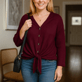 thumbnail image 2 of SOMER Woman Blouses Plus Size Long Sleeve V Neck Waffle Knit Tunic Blouse Tie Front Button Up T Shirts, 2 of 6
