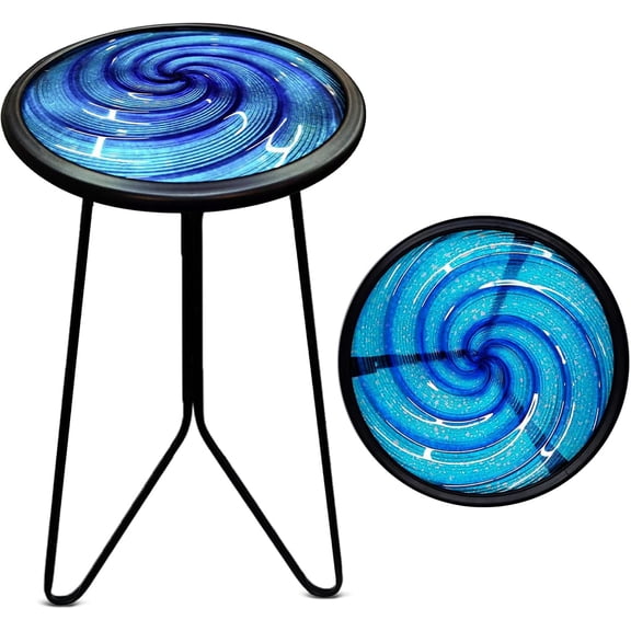 Patio Side Table, Small Round End Table, Metal Side Table Outdoor, Small Porch Table for Indoor Balcony Furniture Decor (Blue Glass 12inch)