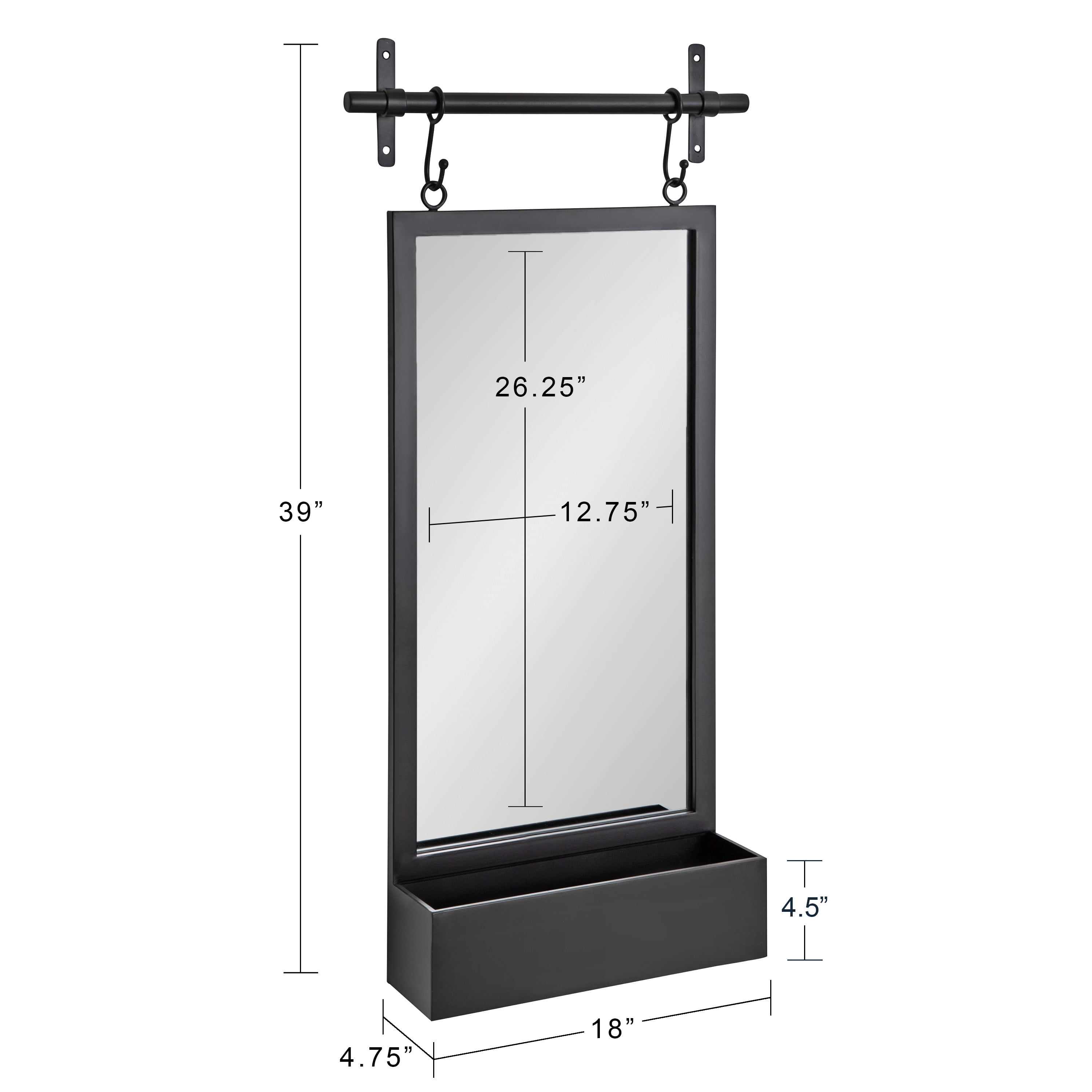 Kate and Laurel Gammons Metal Framed Wall Mirror With Storage Shelf, 18" x 39", Black, Hanging Barn Door-Inspired Accent Mirror