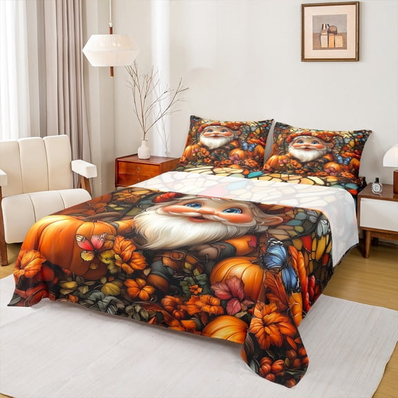 Manfei Kawaii Gnome Bed Sheets Set Full Size, Fall Pumpkin Bedding Full Size, Happy Harvest Full Sheet Sets, Ultra Soft Room Decorative, 4 Pieces