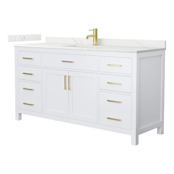 Beckett 66" White Single Vanity & Giotto Quartz Top (1-Hole) & Gold Trim