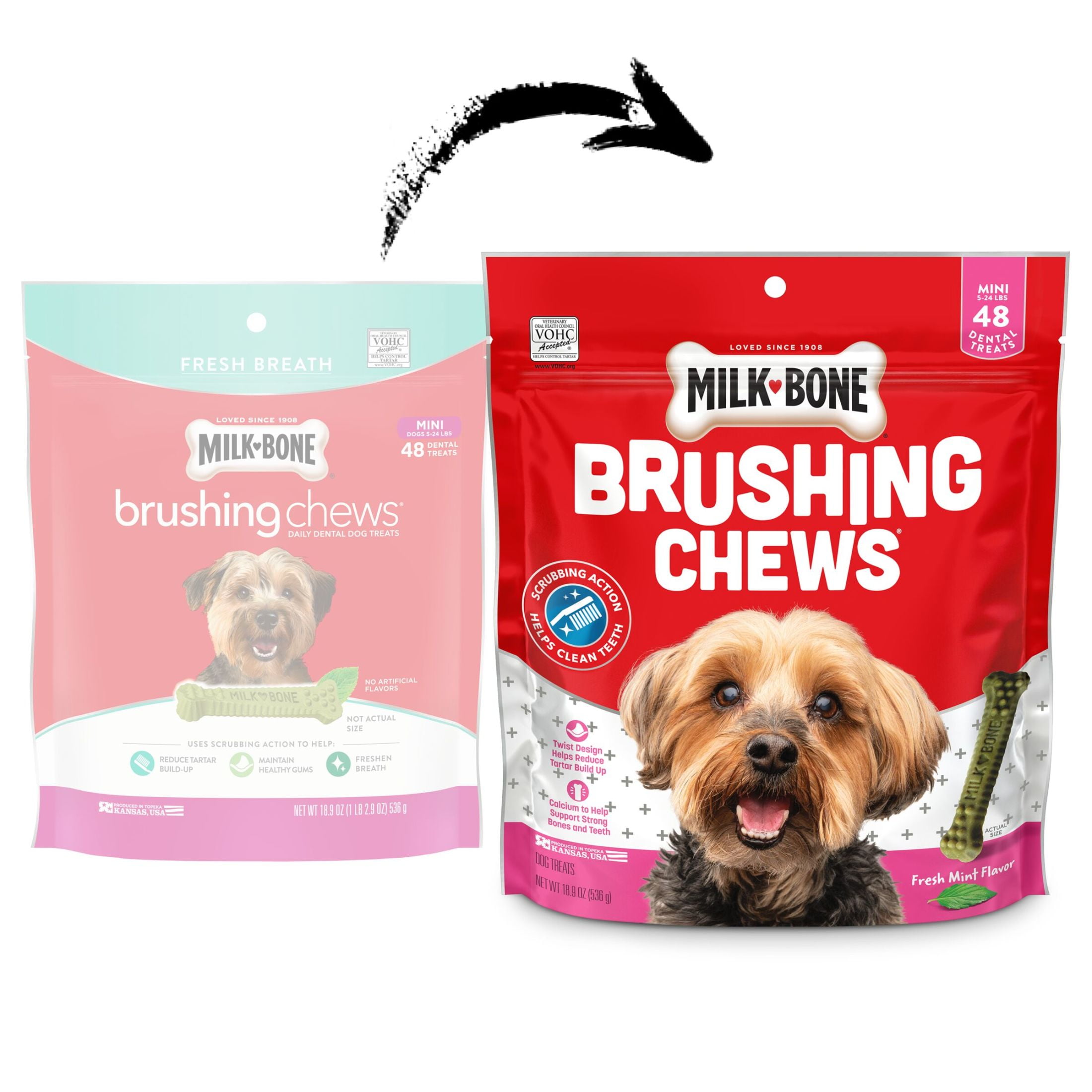 (4 pack) Milk Bone Brushing Chews Fresh Mint Flavor Daily Dental Dog Treats, Mini, 18.9 oz Bag